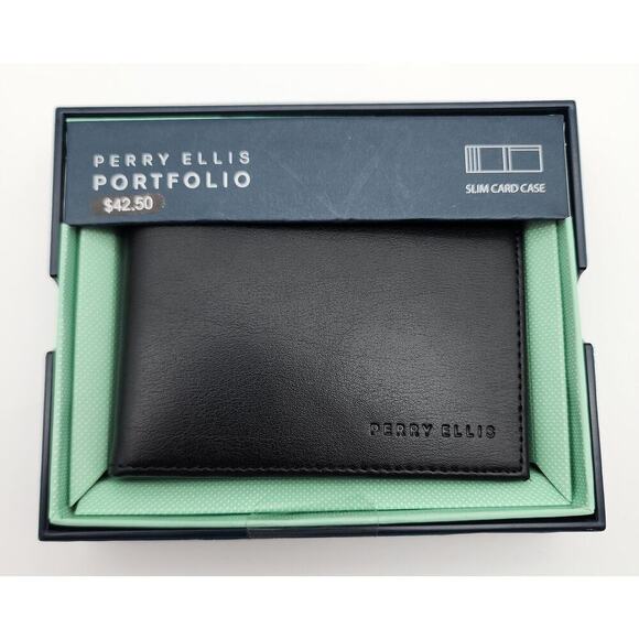 Perry Ellis Portfolio Men's Genuine Leather Super Slim Card Holder Black NEW - Picture 1 of 5